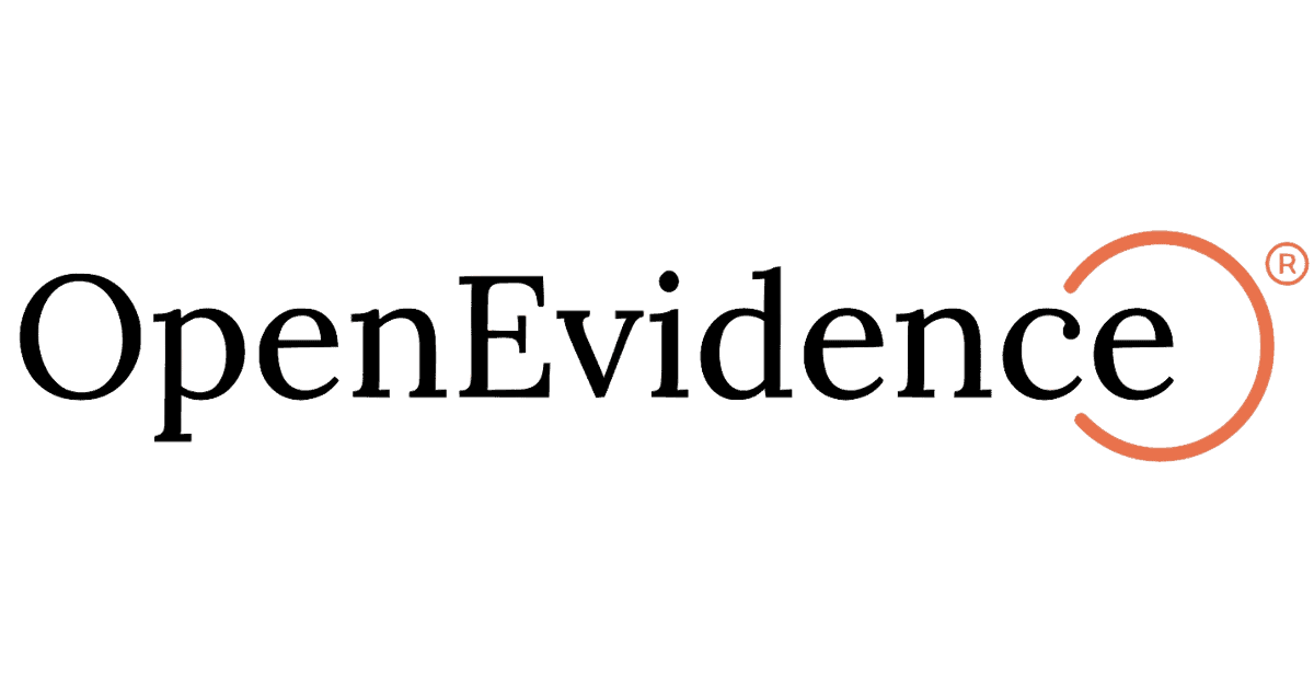 The OpenEvidence logo in black text with an orange incomplete circle around the letter "e" and a registered trademark symbol.