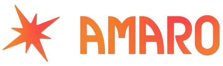 AMARO logo with an orange starburst graphic to the left of the bold, gradient orange text "AMARO".